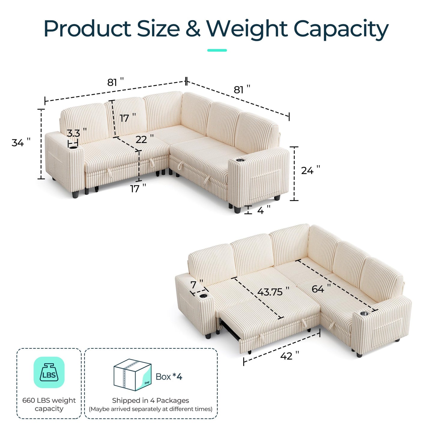LINSY HOME Sectional Sleeper Sofa with Pull Out Couch Bed - Convertible Plush Corduroy Cloud Couch with Storage Chaise & USB Charging, Comfy L Shaped Modular Couches for Living Room Apartment, Beige