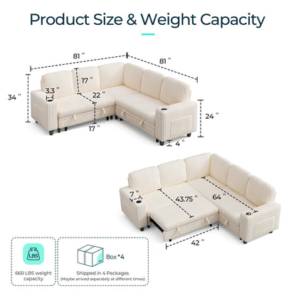 LINSY HOME Sectional Sleeper Sofa with Pull Out Couch Bed - Convertible Plush Corduroy Cloud Couch with Storage Chaise & USB Charging, Comfy L Shaped Modular Couches for Living Room Apartment, Beige