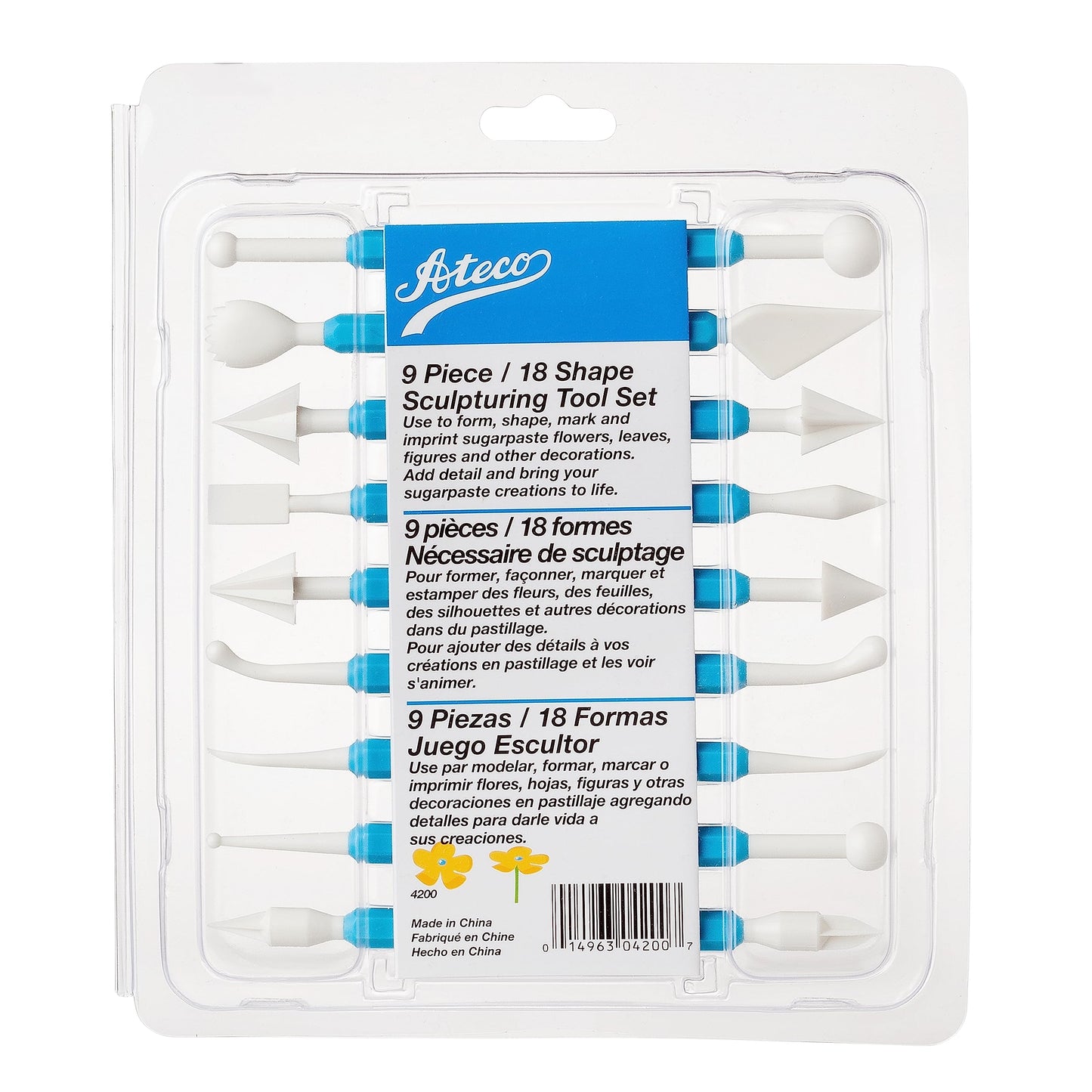 Ateco Sculpting Tool Set for Sugar Paste Decorations, 9 Piece Set with 18 Shapes, Food Grade Plastic with Non-slip Handles, Blue