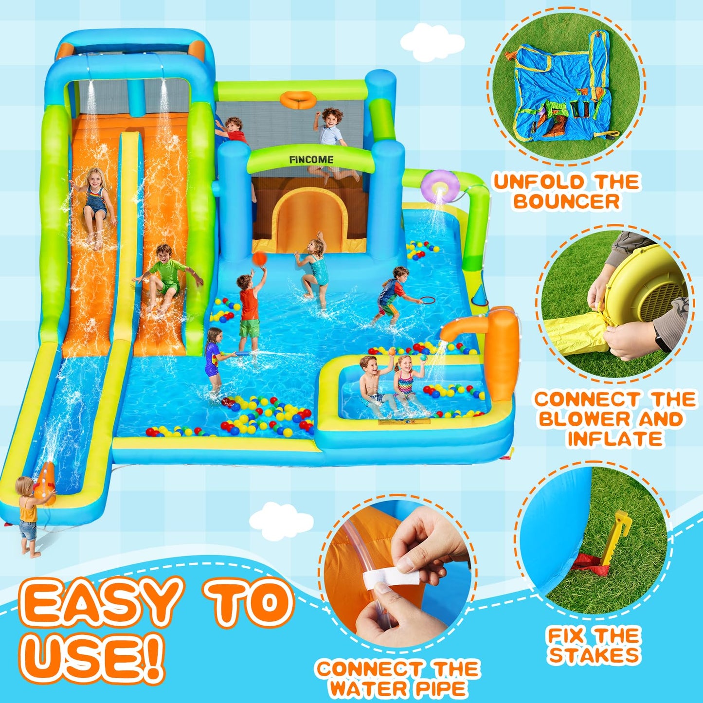 FINCOME Water Bounce House with Double Slide for Kids 3-10, Large Inflatable Water Bouncy Castle with Long Water Slide Jumping Climbing Pool Air Blower, Bouncy House for Party Birthday Holiday Summer