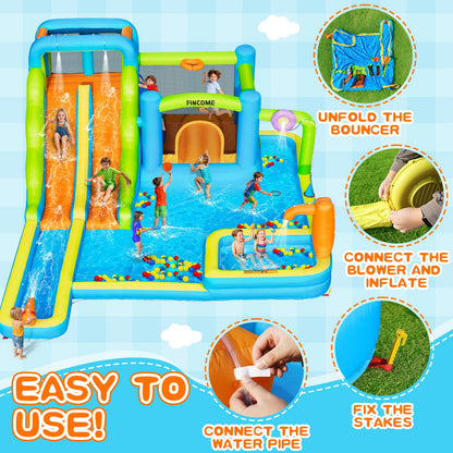 FINCOME Water Bounce House with Double Slide for Kids 3-10, Large Inflatable Water Bouncy Castle with Long Water Slide Jumping Climbing Pool Air Blower, Bouncy House for Party Birthday Holiday Summer