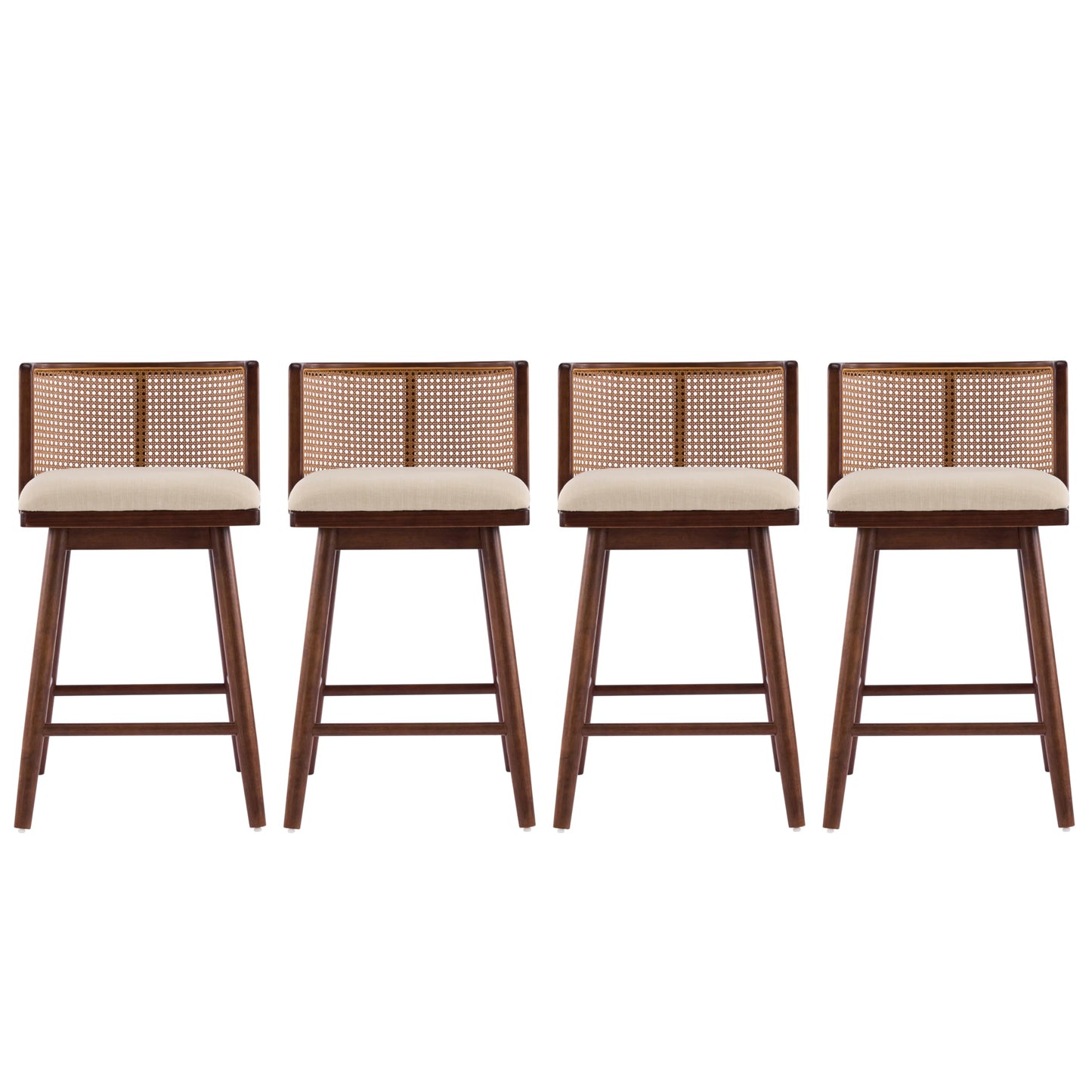Christopher Knight Home Lious Counter Height Bar Stools Set of 4, Fabric Upholstered Bar Stool for Kitchen Island, Rubberwood Counter Stools with Woven Rattan Backrest, Beige + Dark Walnut