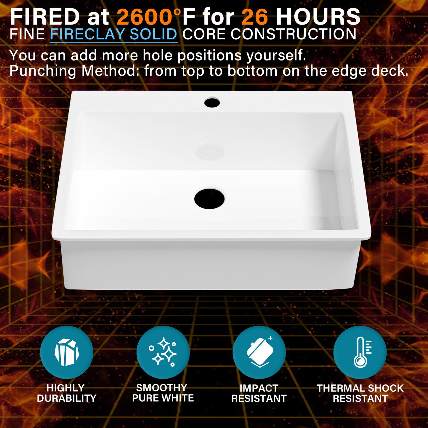 HOMLYLINK 33x22 Drop In Kitchen Sink White 1 Hole, 33 Inch Topmount Fireclay Sink Drop In Single Bowl, Heavy Duty Large Capacity Deep Basin, w 2 Custom Accessories, Pure White, for Kitchen