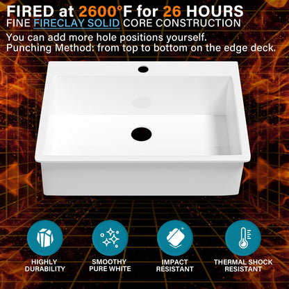 HOMLYLINK 33x22 Drop In Kitchen Sink White 1 Hole, 33 Inch Topmount Fireclay Sink Drop In Single Bowl, Heavy Duty Large Capacity Deep Basin, w 2 Custom Accessories, Pure White, for Kitchen