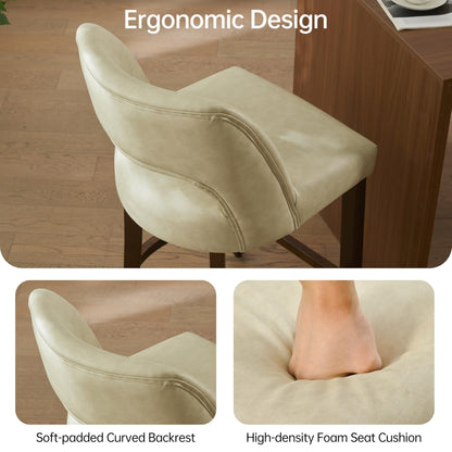 VKNOW 26" Bar Stools Set of 4, Faux Leather Counter Height Bar Stools with Backrest and Rubberwood Legs, Upholstered Barstools for Kitchen Island, Bar and Dining Room, Beige