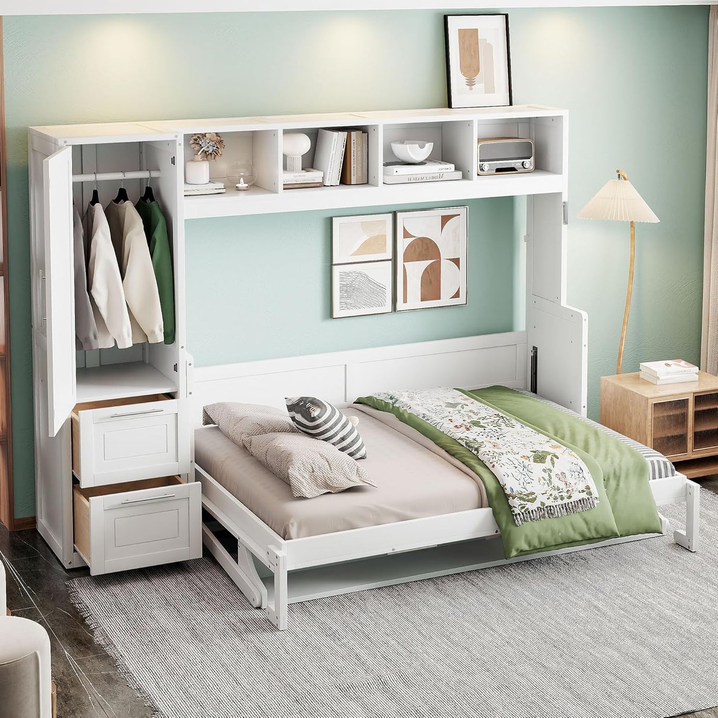 Ball & Cast Murphy Bed Queen Size Wall Beds with Closet and Storage Drawers,Wood Hideaway Platform Bedframe w/Lock,can be Folded,Easy Assembly,for Kids Bedroom,Student Dorms,White