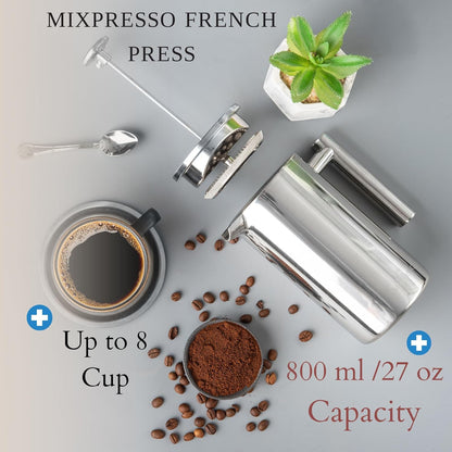 Mixpresso Stainless Steel French Press Coffee Maker, 27 Oz 800 ml, Easy Clean & Press, Double Wall Insulated