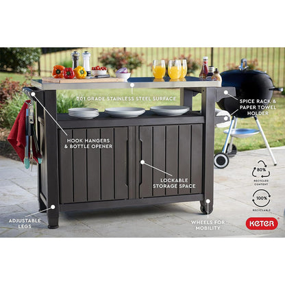 Keter Unity 40 Gallon Stainless Steel Top Patio Storage Grilling Bar Cart and Unity XL Outdoor Kitchen Rolling Bar Cart with Storage Cabinet, Brown
