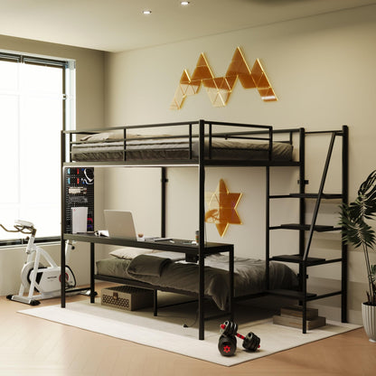 KEIKI Full Over Twin Bunk Bed with Charging Station, Metal Loft Bed with Desk & Safety Guard & Stairs, Metal Bed Frame for Kids, Teens, Adults, Black