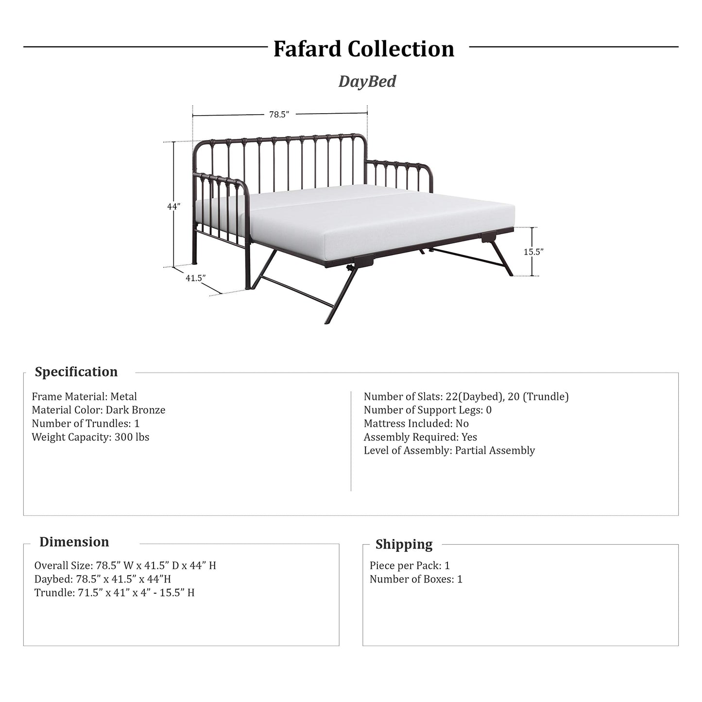 Lexicon Metal Daybed with Trundle Mattress Foundation with Steel Slat Support, Easy Assembly, Twin Size, Multi-Functional Furniture, Dark Bronze