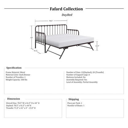 Lexicon Metal Daybed with Trundle Mattress Foundation with Steel Slat Support, Easy Assembly, Twin Size, Multi-Functional Furniture, Dark Bronze