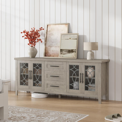 Farmhouse TV Stand for 75 Inch TV, Mid Century Entertainment Center with 3 Drawer & 2 Storage Doors, Wooden Media TV Console Table for Living Room, Bedroom-Grey