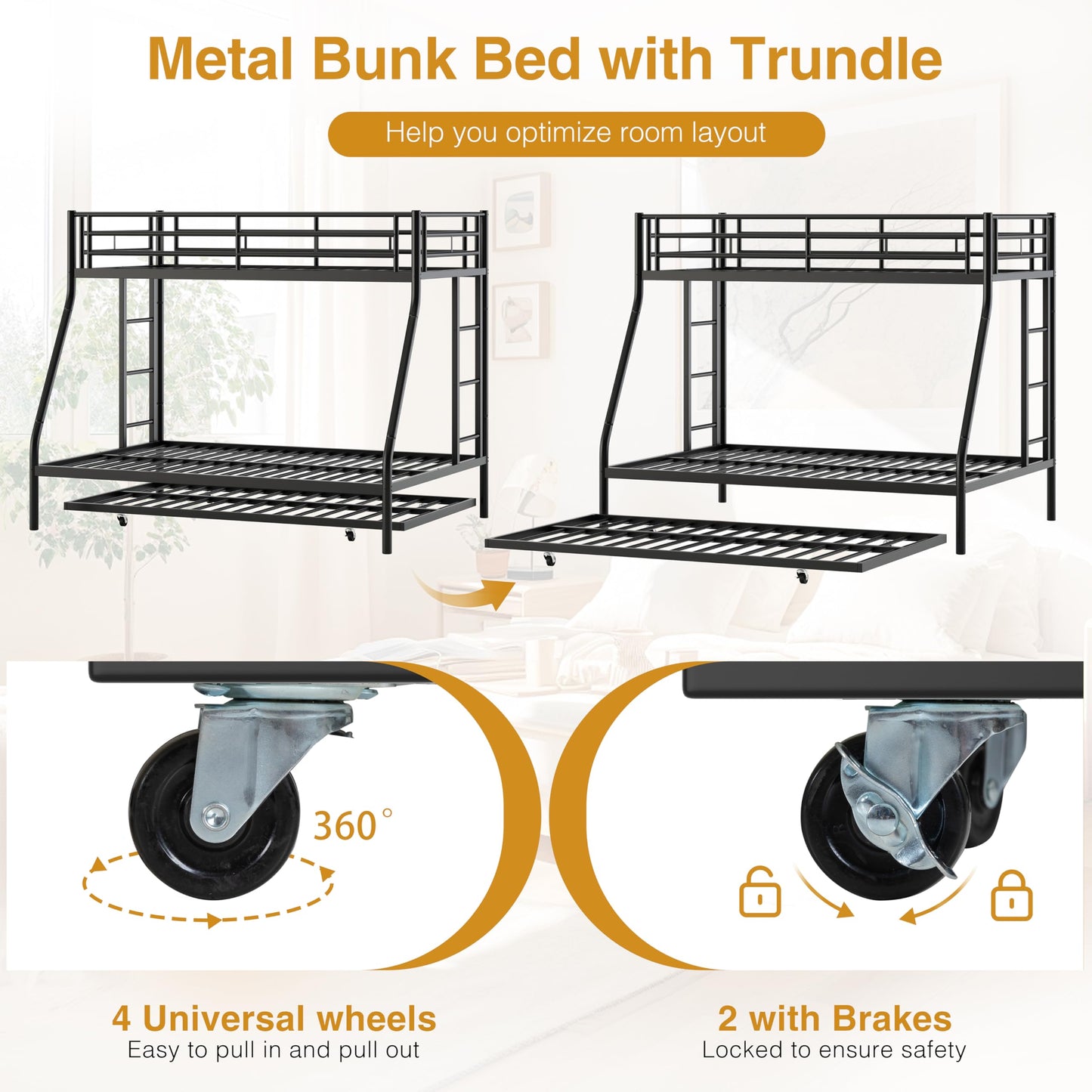 Nuturelly Metal Bunk Bed Twin Over Full with Trundle, Heavy Duty Steel Frame Bunk Bed Frame with Safety Guardrails & Ladder, Space Saving 3 Beds for Kids, Teens, Dorm, Black