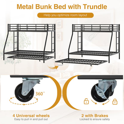 Nuturelly Metal Bunk Bed Twin Over Full with Trundle, Heavy Duty Steel Frame Bunk Bed Frame with Safety Guardrails & Ladder, Space Saving 3 Beds for Kids, Teens, Dorm, Black