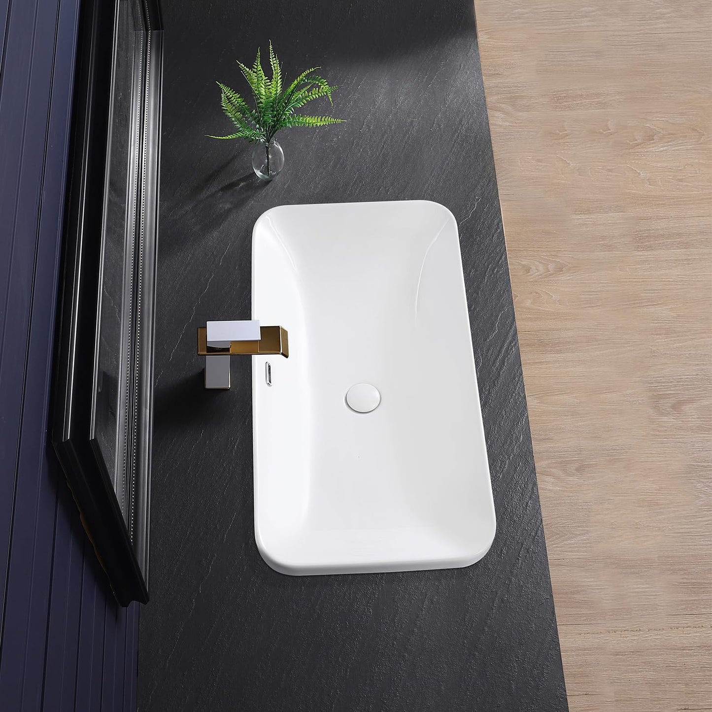 KMOEM Vessel Sink 32"x17" Semi Recessed Bathroom Sink Drop-in Bathroom Sink Support Dual Faucet Installation White Porcelain Ceramic Modern Rectangular Vanity Sinks with Overflow