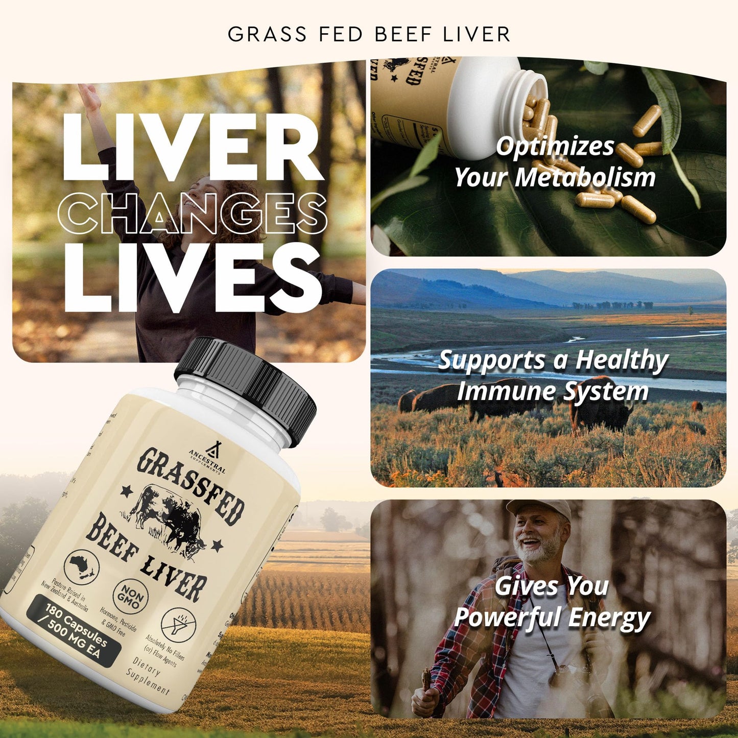 Ancestral Supplements Grass Fed Beef Liver 180 Capsules, Supports Energy Production, Detoxification, Digestion, Immunity and Full Body Wellness, Non-GMO, Freeze Dried Liver Health Supplement