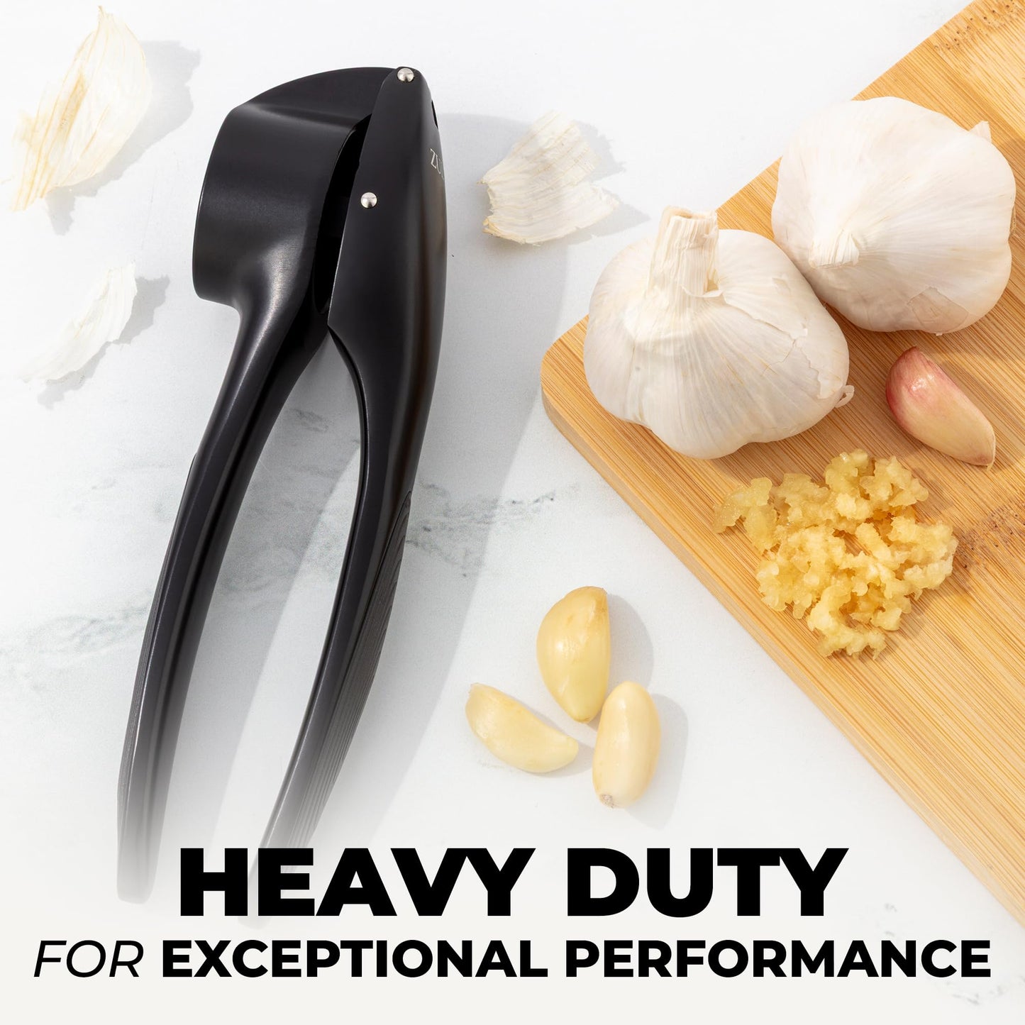 Zulay Kitchen Large Premium Garlic Press Set – Rust Proof & Dishwasher Safe, Bigger Bowl Garlic Mincer Tool with Silicone Garlic Peeler & Brush, Easy Squeeze & Clean, Ergonomic Handle - Black