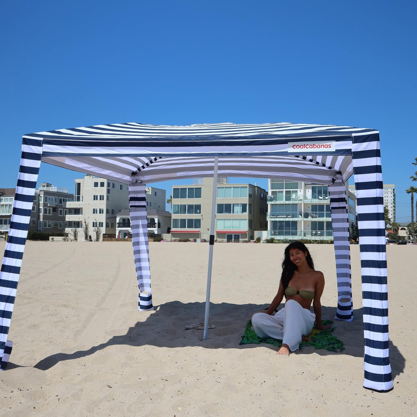 CoolCabana Beach Shade Tent - Easy Setup, UPF 50+ Protection, Large & Medium Sizes, Compact & Wind Resistant - Beach Cabana for The Whole Family - Navy Stripes, Large