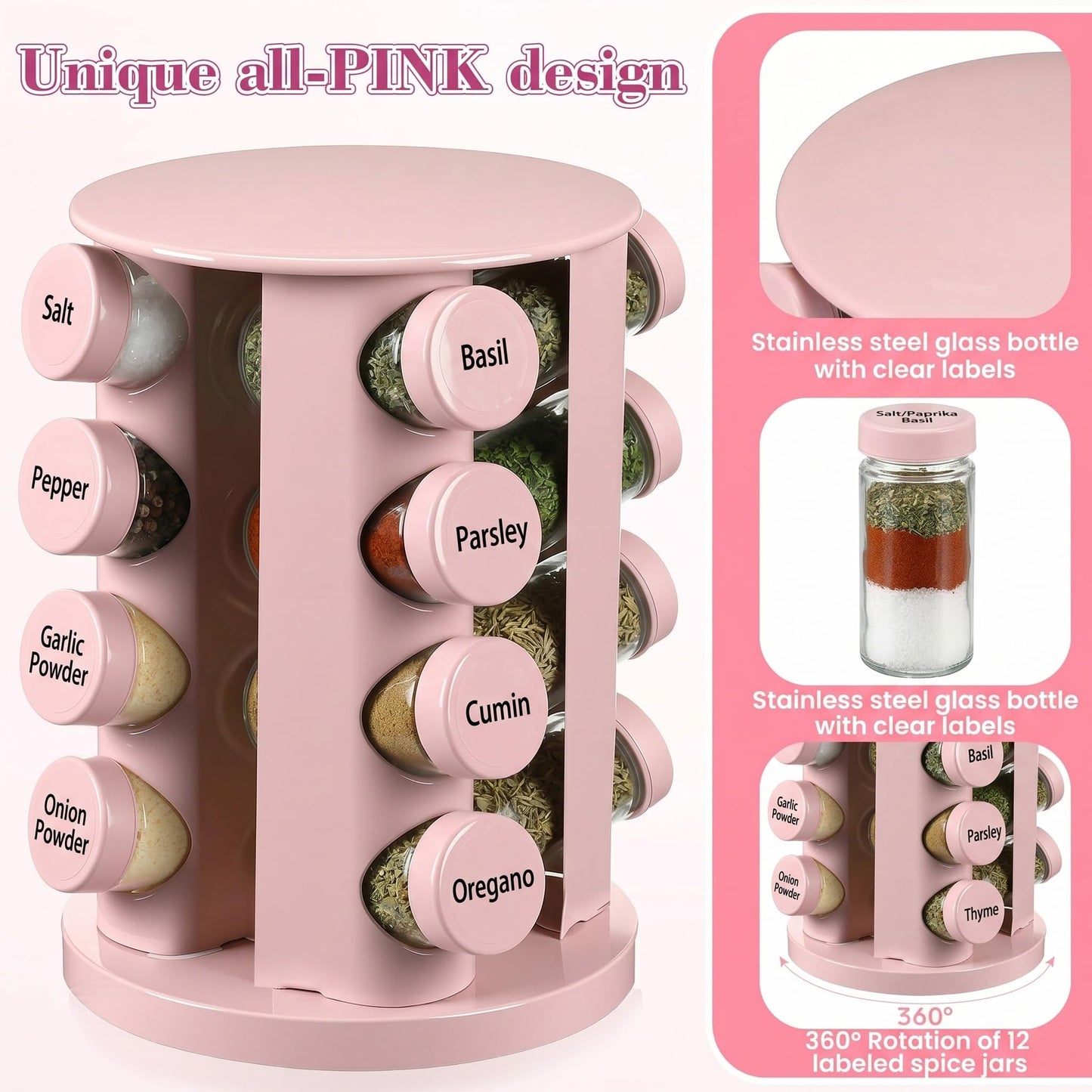 Yungyan Pink Rotating Spice Rack Seasoning Organizer with 16 Empty Jars, Spice Containers Set with Labels and Funnel, Revolving Seasoning Rack for Kitchen Accessories (Stainless Steel,Glass)