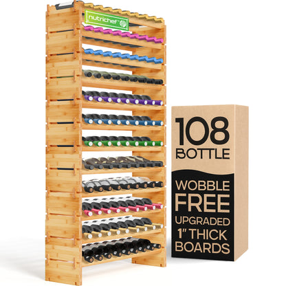 NutriChef 108 Bottle Wine Rack Stackable Bamboo Freestanding, 12 Tier Modular Shelf, Sturdy Wobble Free Upgraded 2026 Design, Easy No-Tool Assembly for Kitchen Cellar or Bar Storage 33.5" x 10" x 63”