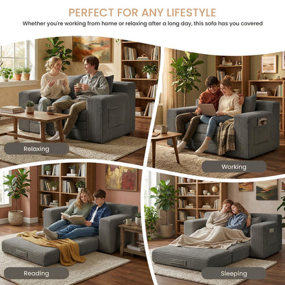 feliz home Boneless Loveseat Sofa Bed, Tri-Folding Convertible Futon Sleeper with Handle & Side Pockets, 54'' Boneless Couch with Hook and Loop No Assembly for Small Space,Living Room & Bedroom