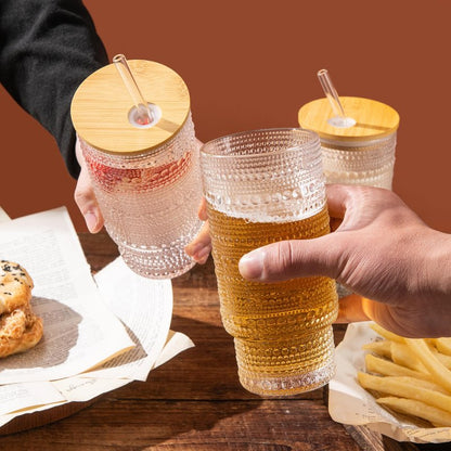 MRZIKPO Drinking Glasses with Bamboo Lids and Glass Straw 8pcs Set,16oz Glass Tumbler Cups,Water Glasses,Iced Coffee Glasses,iced Tea Glasses,Beer Glasses,Ideal for Whiskey,2 Brushes