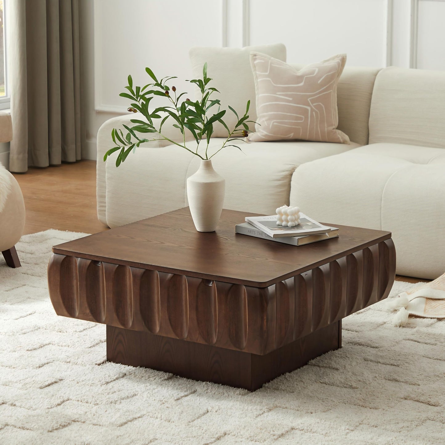 Ball & Cast 31" Square Lift-Top Coffee Table with Hidden Storage, Solid Wood Frame & Sturdy Base with Ash Veneer, Modern Minimalist Fluted Center Table for Living Room, Office & Small Spaces, Walnut