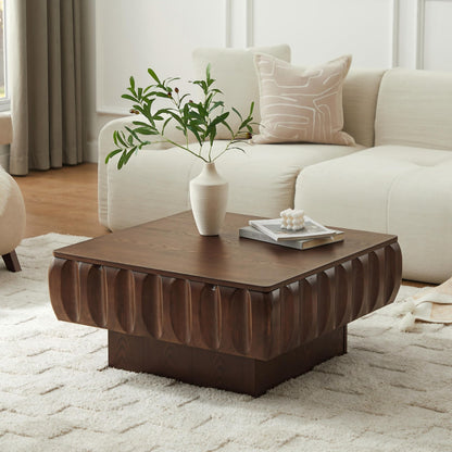 Ball & Cast 31" Square Lift-Top Coffee Table with Hidden Storage, Solid Wood Frame & Sturdy Base with Ash Veneer, Modern Minimalist Fluted Center Table for Living Room, Office & Small Spaces, Walnut