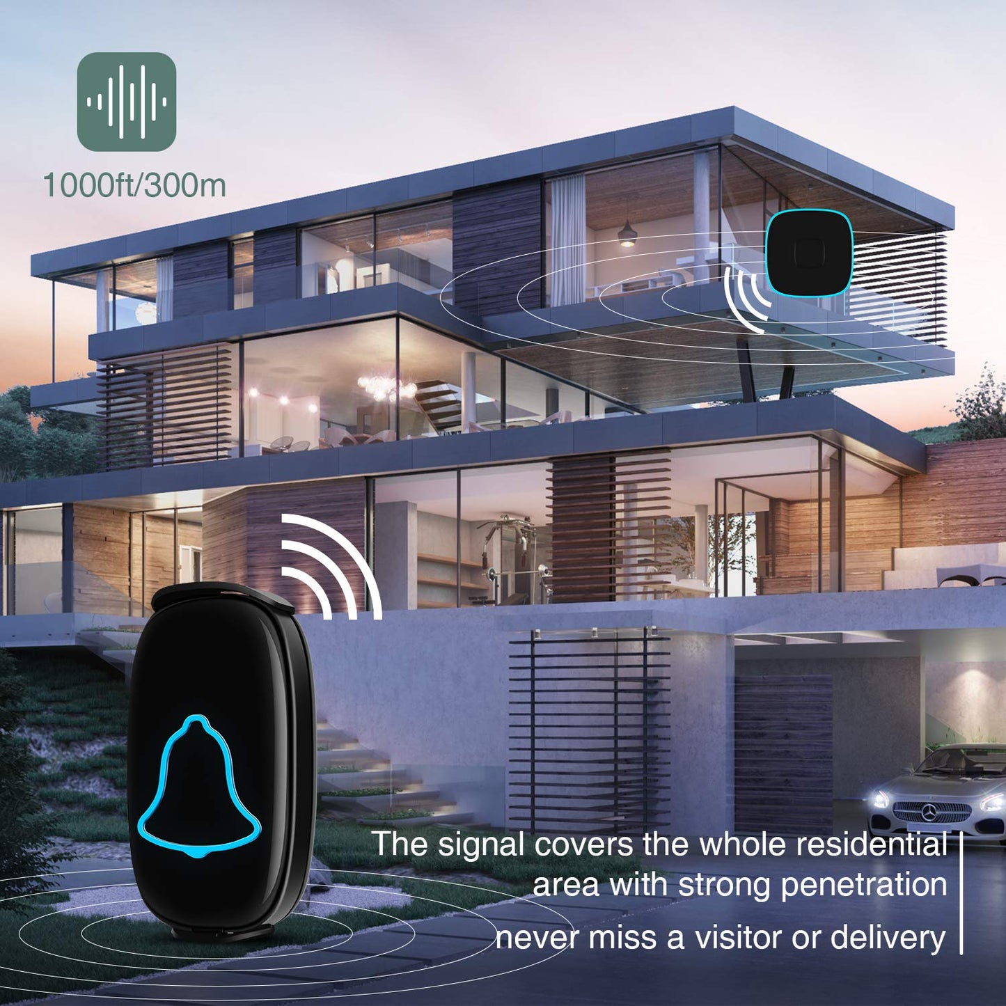 BO YING Wireless Doorbell, Bo Ying Waterproof Door Bell with 38 Melodies and Led Flash, Easy Install, 1000-Foot Range,1 Push Button & 1 Receiver, White