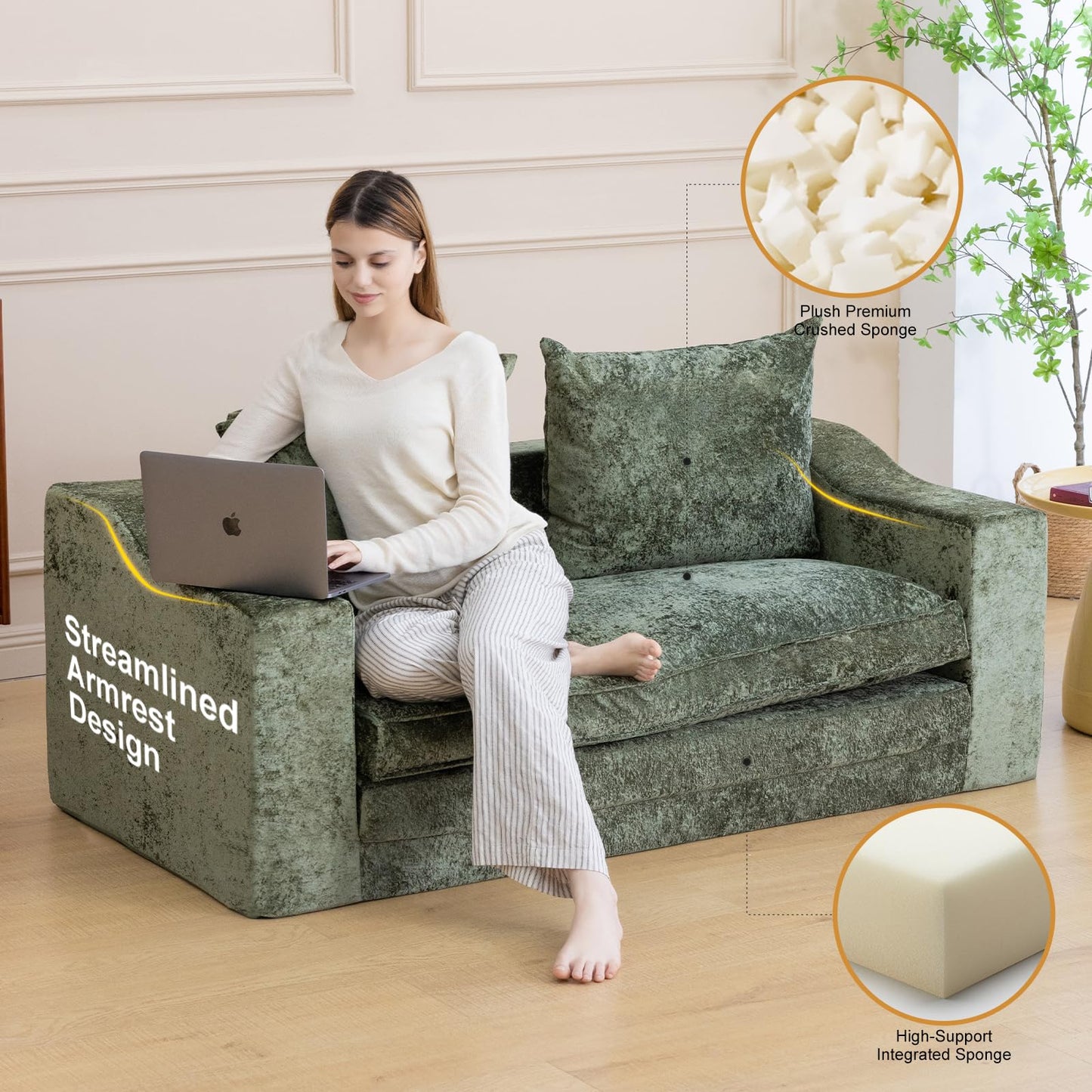 61" Convertible Sofa Bed Loveseat, Memory Foam Boneless Floor Couch with Removable Plush Velvet Cover, Tri-folding Compact Full-size Sleeper for Small Living Room, Playroom, Guest Room, RV (Emerald)