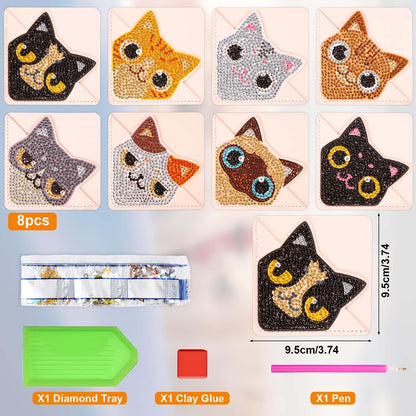 SAVITA 8pcs Diamond Artistic Painting Corner Bookmarks, PU Leather Triangle Bookmark 5D Diamond Aesthetic Painting Bookmarks Kit DIY Diamond Art Bookmarks for Book lover Art Craft Making (Cat Pattern)