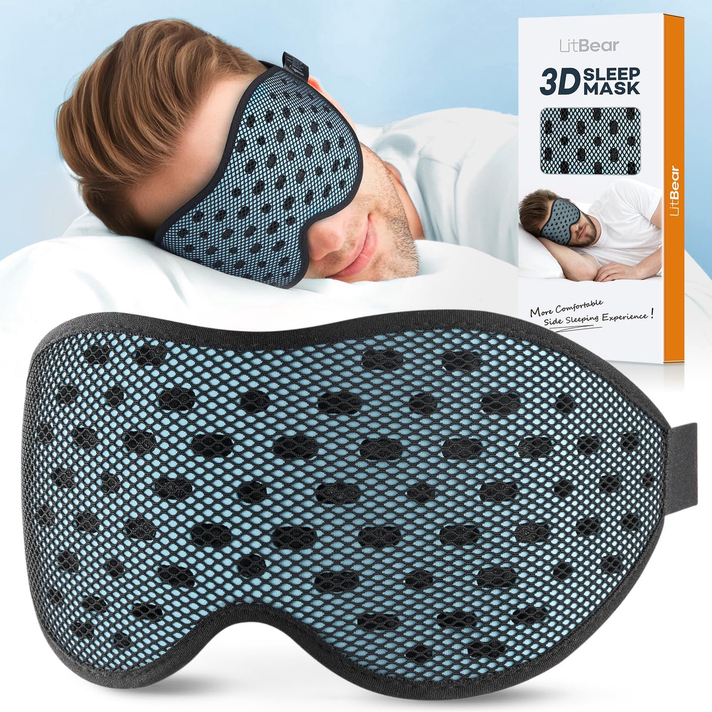LitBear Breathable Sleep Mask, 3D Eye Mak Sleep for Side Sleepers Women Men, Light Blocking Sleeping Mask with Adjustable Strap, Soft Lightweight Eye Cover for Travel, Night Work, Nap, Office - Blue