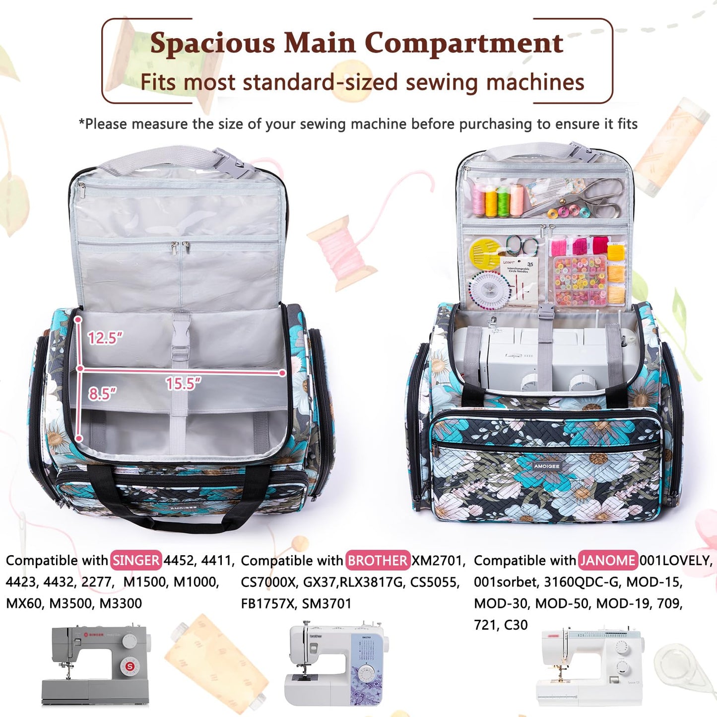 AMOIGEE Rolling Sewing Machine Case with Detachable Dolly, Padded Sewing Machine Bag with Wheels, Travel Tote for Most Standard Machines, Storage Organizer fits Brother, Singer