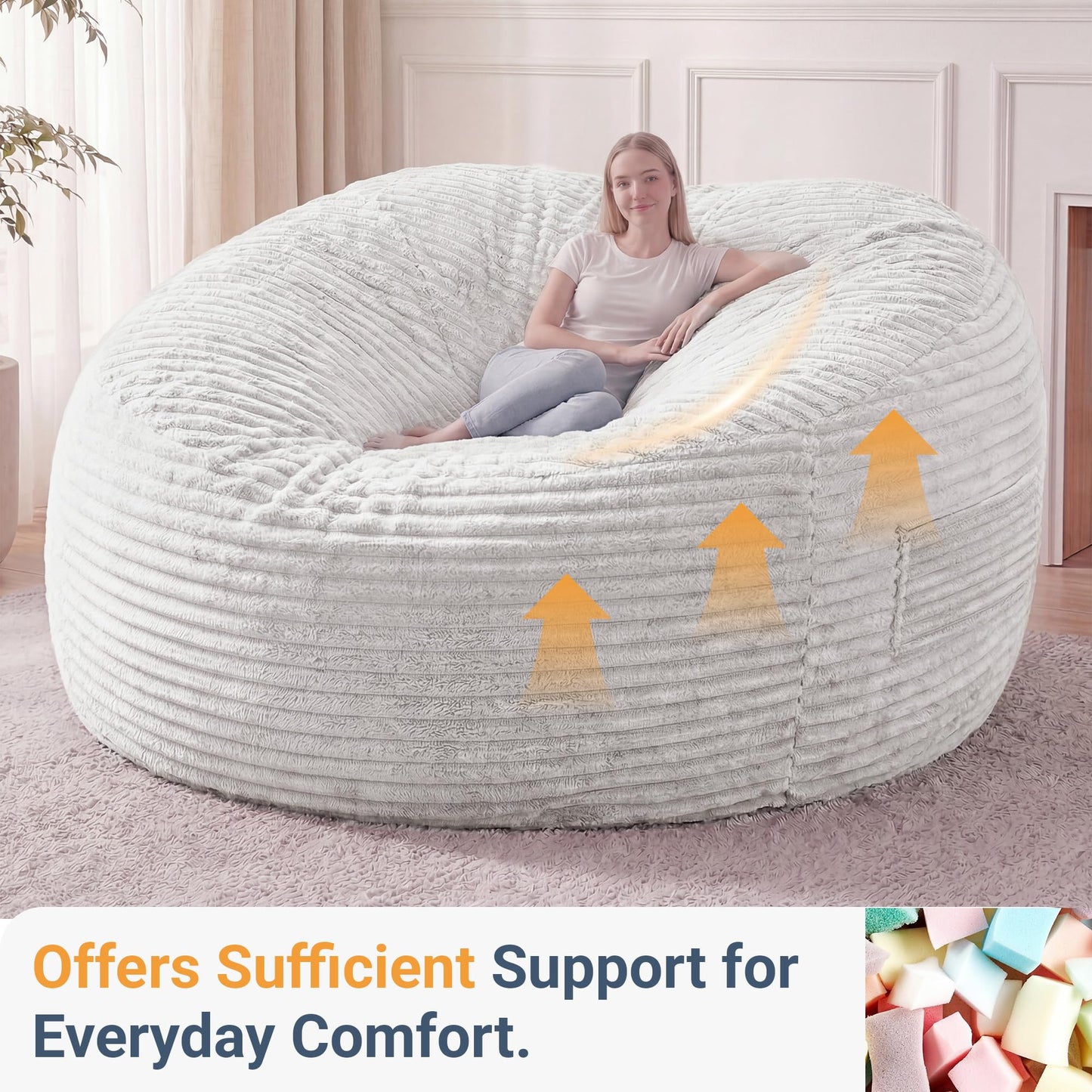 Claiks 8 Ft Giant Foam Bean Bag Chair, Oversized Couch with Removable Cover, Soft Plush Bean Bag Chairs for Adults and for Kids Teens Adults in Living Room, Beige