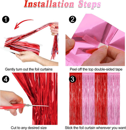 Regine Switzerland Red Pink Backdrop Curtains - 2 Pack Metallic Fringe Tinsel Decor | 3.28' x 7.05'