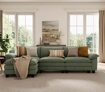 LINSY HOME 123'' Modular Sectional Sofa Green Couch Corduroy Cloud Couches for Living Room, L Shaped Couch with Movable Ottoman, Modern Cloud Sectional Sofas for Bedroom and Apartment, Green