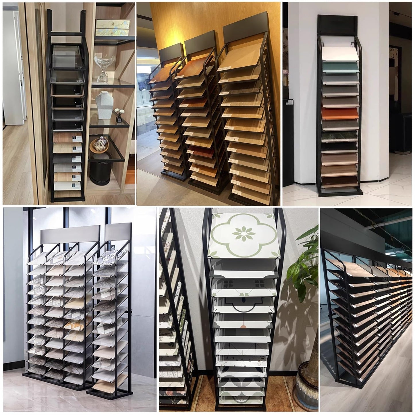 CVGfko Large Format Cabinet Samples Display Rack, Building Material Organizer Shelf with 12 Card Slots, Floor Standing Wooden Board Door Sample Holder for Retail Stores/Trade Show,Black,36x40x185cm