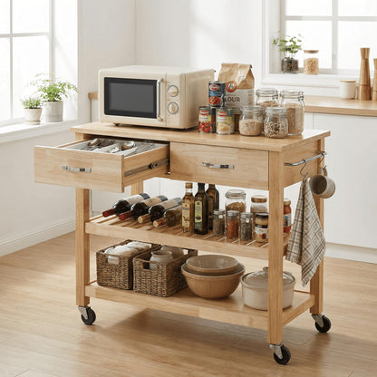 Casaphoria Amanda Collection Solid Wood Kitchen Island, 42" Butcher Block Cart with Rubberwood Top & Locable Wheels, Prep Table for Small Spaces (Natural)