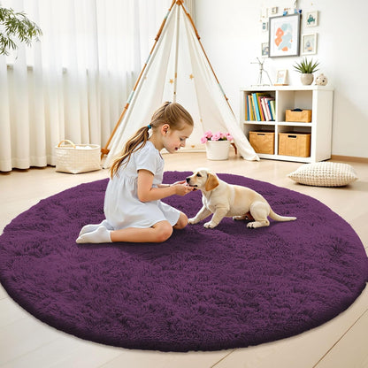OLANLY Dark Purple Round Rug - Soft, Fluffy Shaggy Carpet for Bedroom | 6 ft Machine Washable Area Rug