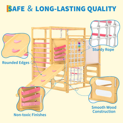 Jungle Gym with Slide, Rock Wall, Wood ＆ Rope Ladder, Monkey Bars, Gym Rings