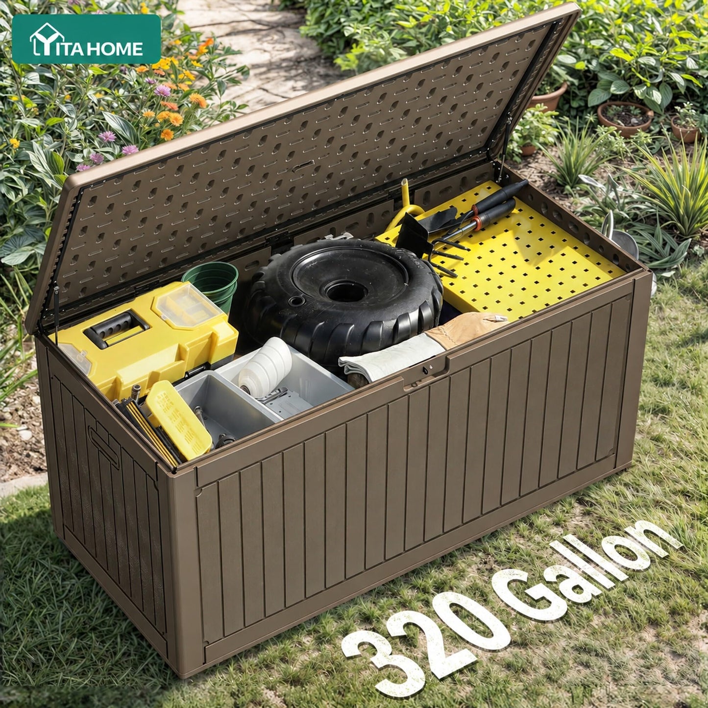 YITAHOME 320 Gallon Double-Wall Deck Box with Divider & Side Handles, Outdoor Large Storage for Patio Furniture Cushions, Garden Pool Accessories, Water Resistant & Lockable
