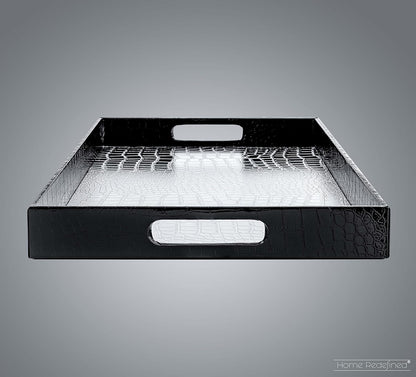 17.5"x12" Home Redefined Silver & Black Glossy Crocodile Faux Leather Serving Tray Beautiful Modern Elegant Decorative