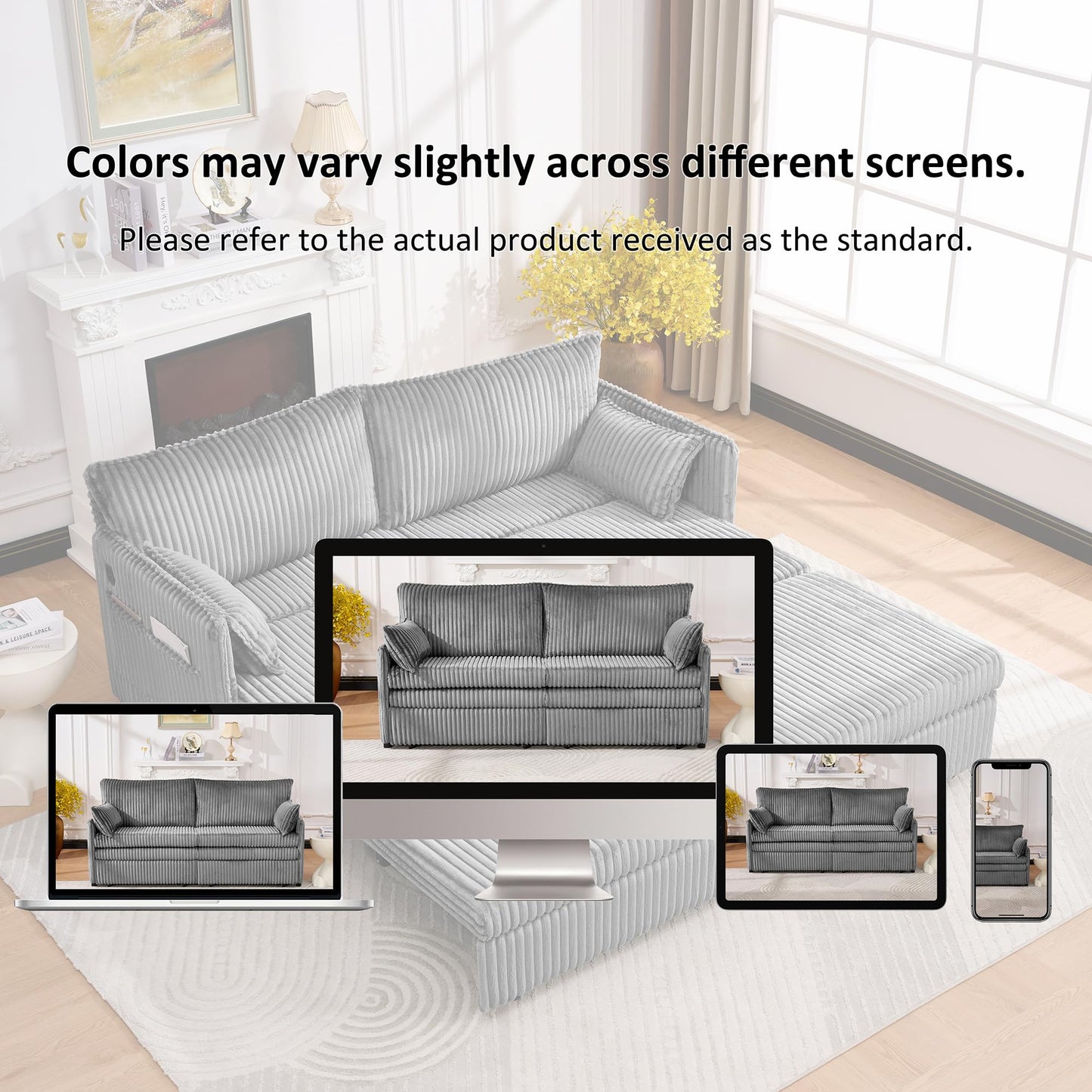 KEIKI 73" 3-in-1 Pull Out Sofa Bed, Convertible Corduroy Sleeper Sofa with USB Ports & Side Pockets, Modern Futon Couch for Living Room, Apartment or Bedroom, Gray