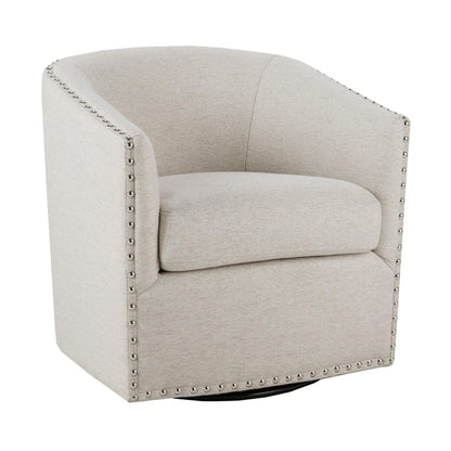 Madison Park Swivel Barrel Accent Chair, Upholstered Curved Back with 7-Inch Thick Woven Cushion, 360° Swivel, Nailhead Trim, Comfy Chair for Living Room, Bedroom, Office, 28" Wide, Neutral, Tyler