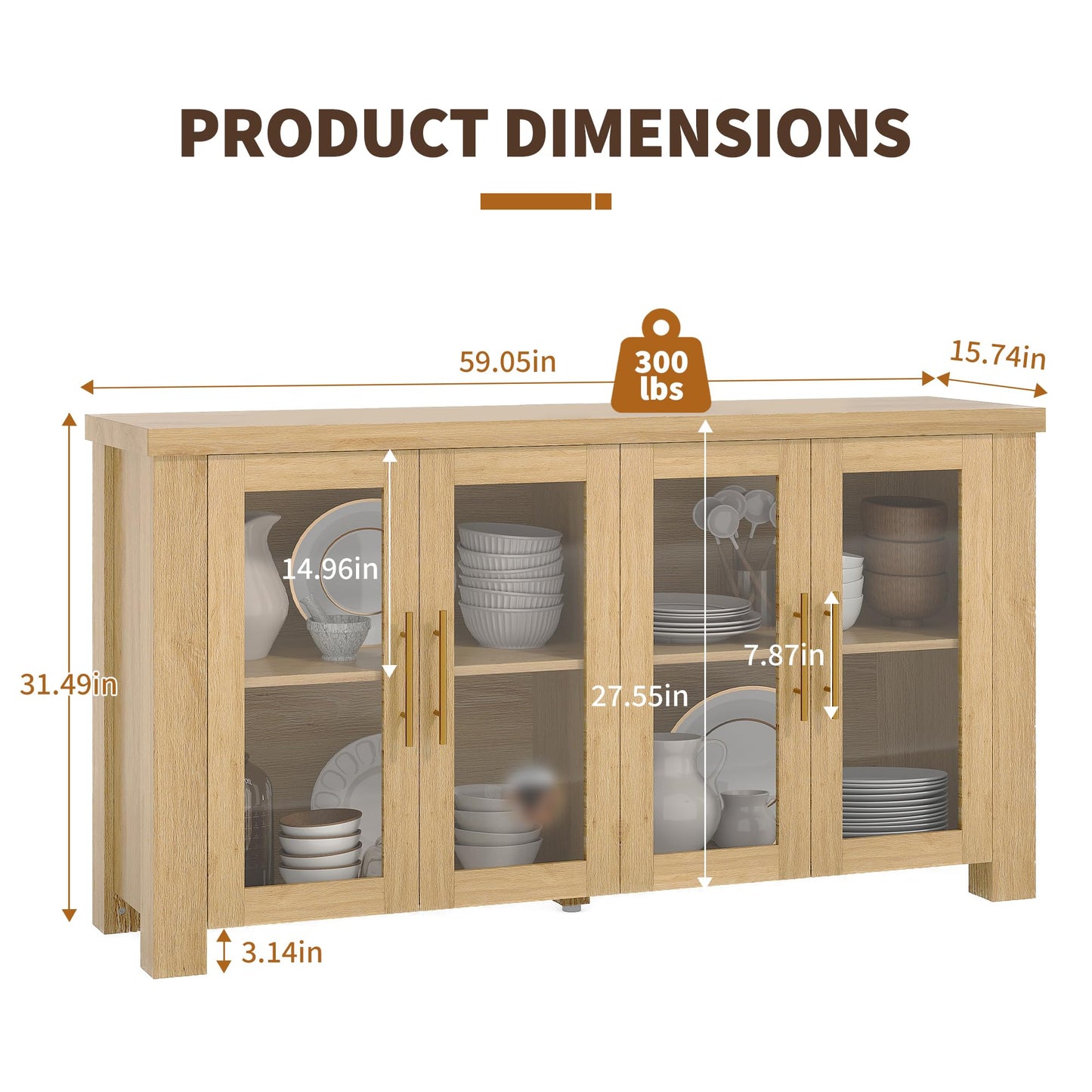 Garvee Buffet Cabinet with Storage, 59" Sideboard Credenza with Tempered Glass Doors, Wood Buffet Table for Living Room, Dining Room, Kitchen, Natural Wood