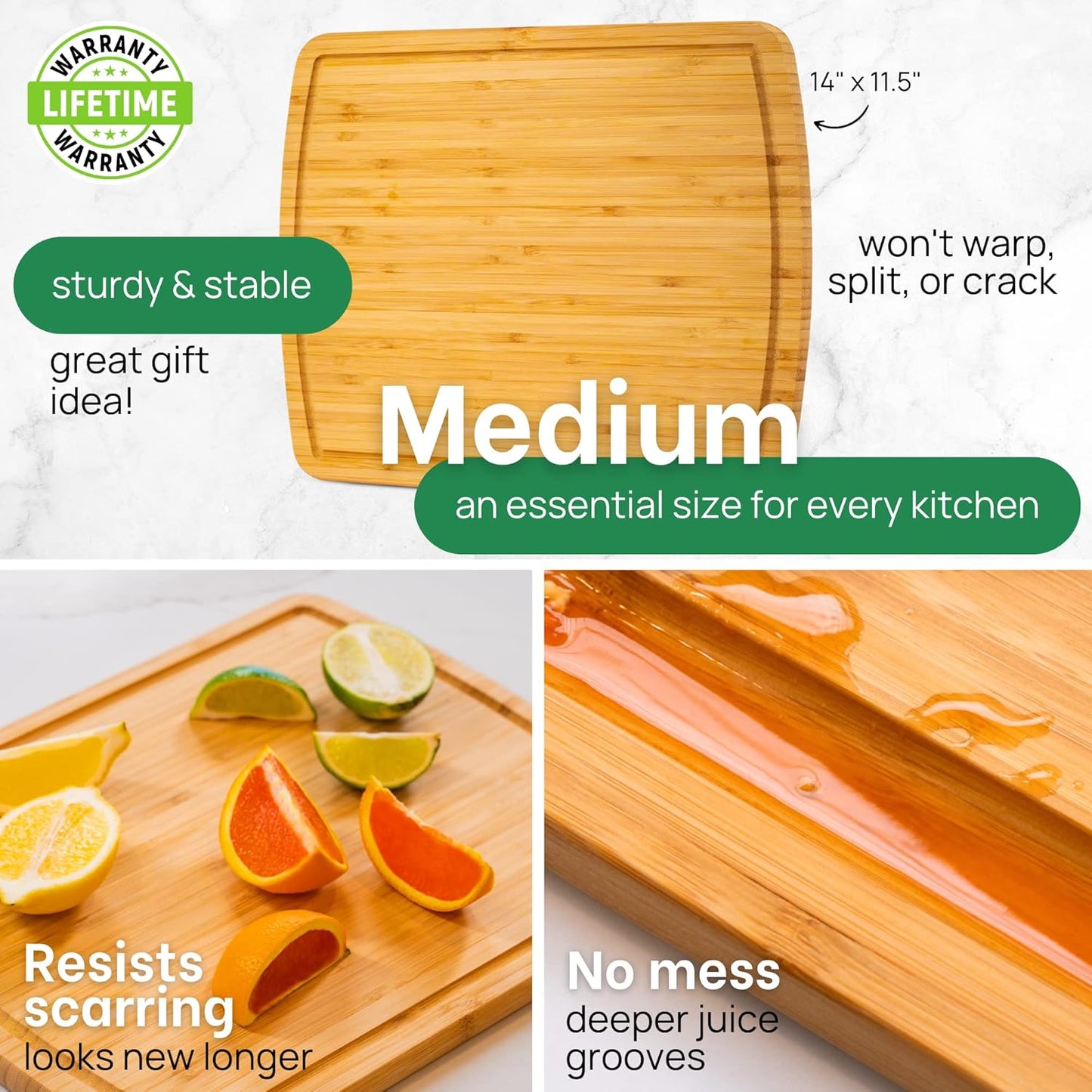 15 Inch GREENER CHEF Bamboo Cutting Board with Lifetime Replacements - Medium Wooden Chopping Board for Kitchen