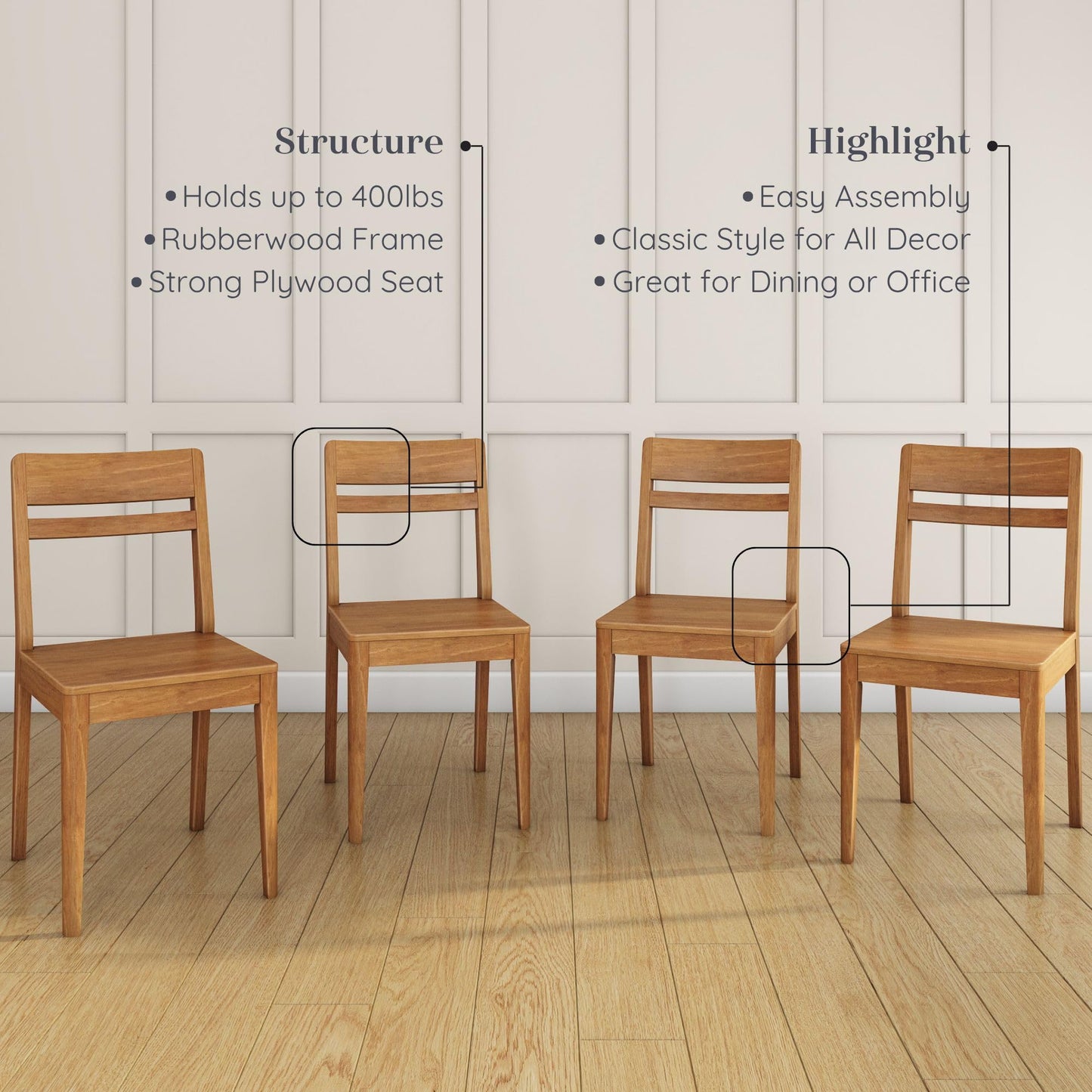 Grain & Grove Crew Dining Chair, Set of 4, Solid Rubberwood Frame, Engineered Wood Seat, Comfortable Backrest, Easy Assembly, Durable Wooden Kitchen & Dining Room Chair, Pecan
