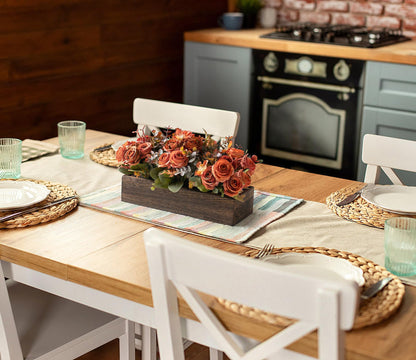 Dahey Centerpiece Table Decorations for Dining Room Farmhouse Living Room Fall Table Centerpieces Decor Wood Tray with 3 Artificial Flowers and 2 Eucalyptus for Kitchen Table, Orange