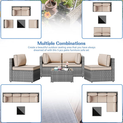 Shintenchi 5 Pieces Outdoor Patio Furniture Sets, Patio Sectional Sofa Couch, Gray PE Wicker Furniture Modular Patio Conversation Sets Patio Sofa with Washable Cushions & Table（Khaki）