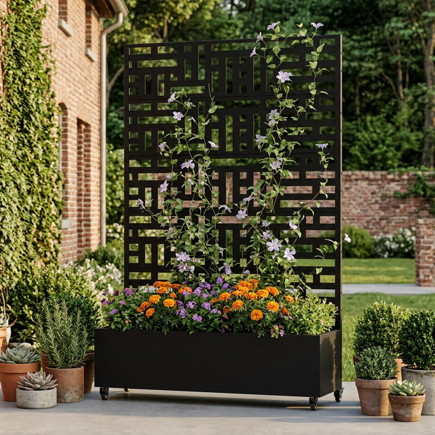 Wooakway Raised Garden Bed with Trellis, 72" H x 47" W Metal Planter Box with Privacy Screen and Wheels, 52 Gal Large Outdoor Mobile Planter for Patio, Balcony, Backyard, Climbing Plants, Black